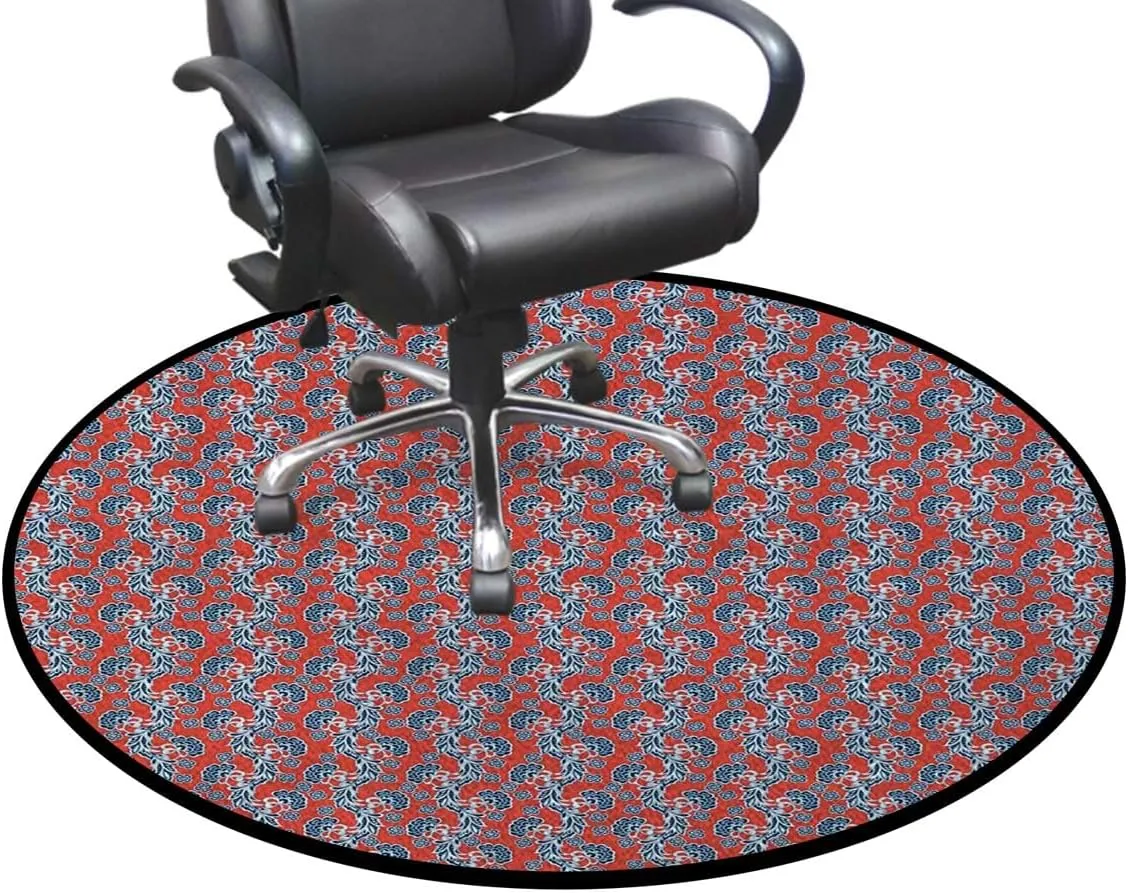 Red Blue Anti-Slip Chair Mat for Hardwood Floors & Carpets, Retro Fashion Garden Foliage Botanical Desk Chair Mat for Office, Gaming Room, and Home Use, Traditional Diameter 51 in