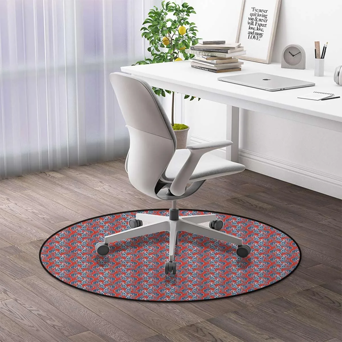 Red Blue Anti-Slip Chair Mat for Hardwood Floors & Carpets, Retro Fashion Garden Foliage Botanical Desk Chair Mat for Office, Gaming Room, and Home Use, Traditional Diameter 51 in