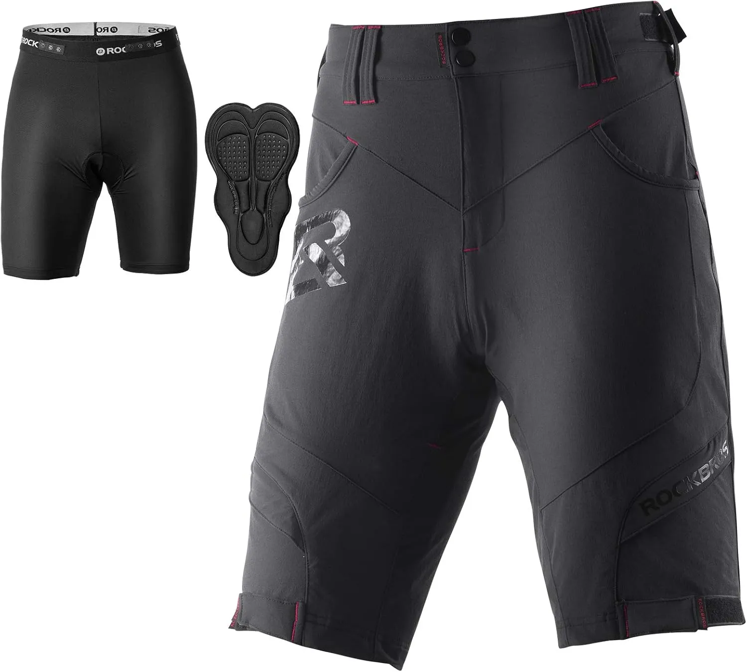 ROCK BROS Men’s Mountain Bike Shorts with Detachable 4D Padded Liner, Hook-&-Loop Waist & Zipper Pocket Lightweight Baggy
