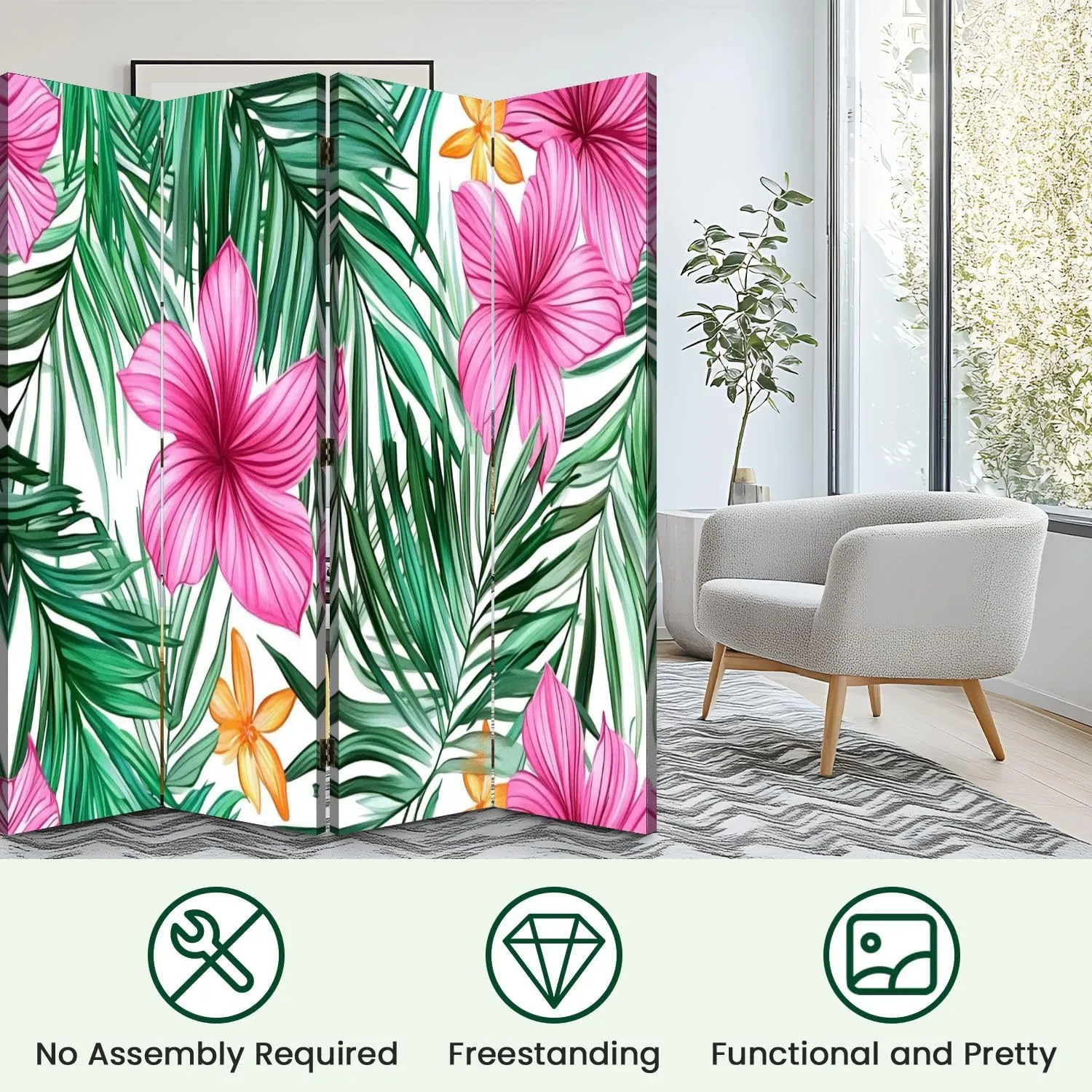 Room Divider Panel Folding Privacy Screen Tropical Leaves Flowers Seamless Pattern Hand Wood Partition Wall Panels Freestanding Screen Dividers for Room Separation