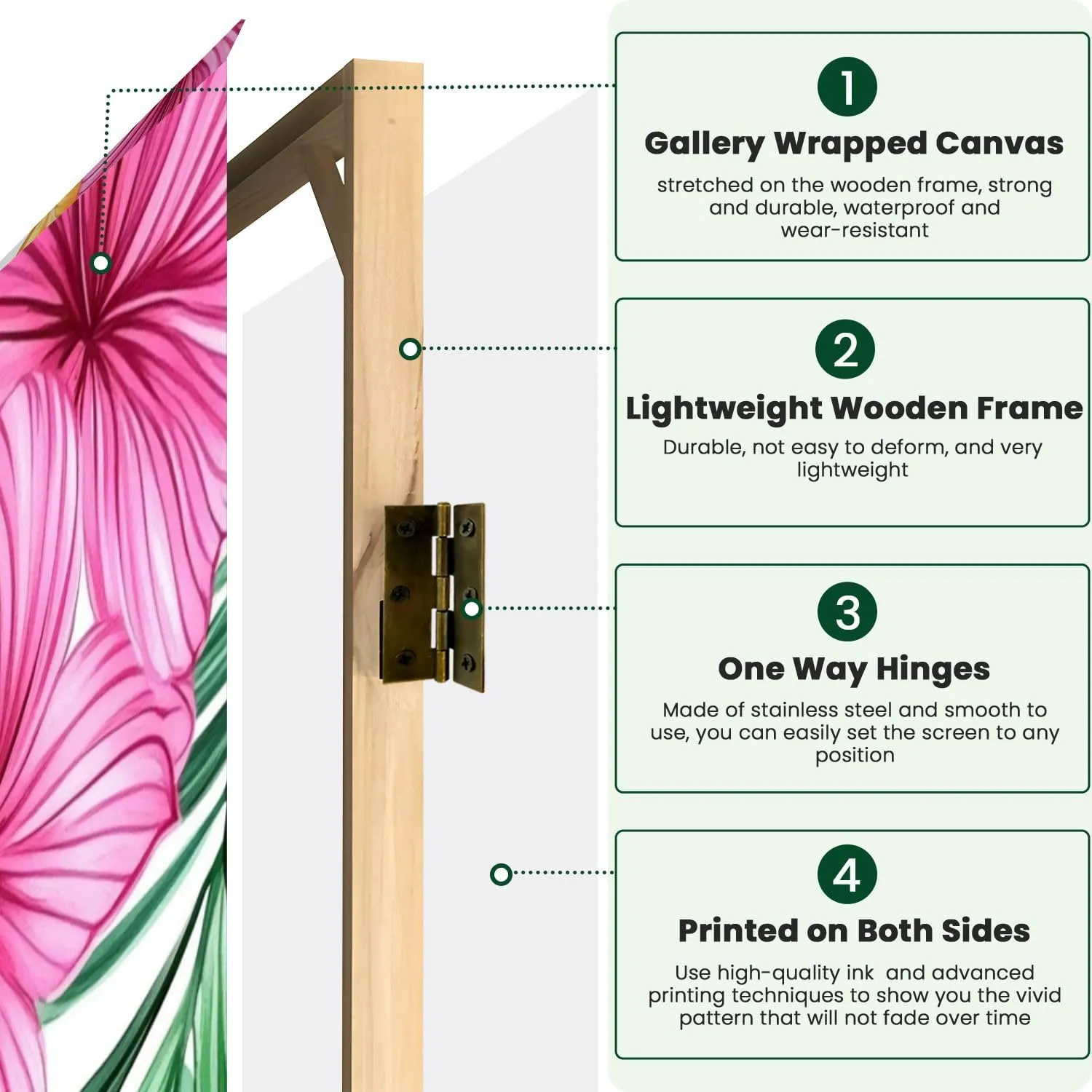 Room Divider Panel Folding Privacy Screen Tropical Leaves Flowers Seamless Pattern Hand Wood Partition Wall Panels Freestanding Screen Dividers for Room Separation