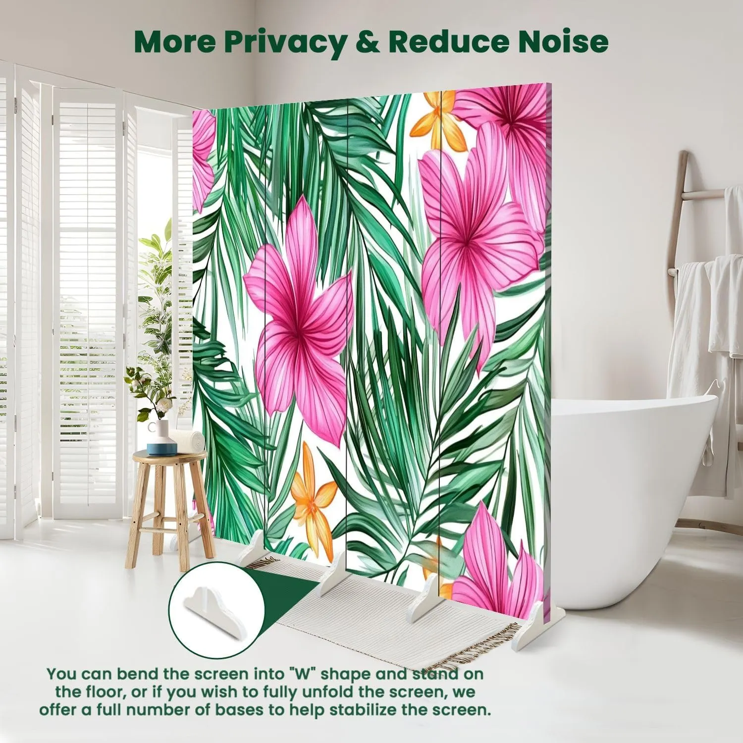 Room Divider Panel Folding Privacy Screen Tropical Leaves Flowers Seamless Pattern Hand Wood Partition Wall Panels Freestanding Screen Dividers for Room Separation