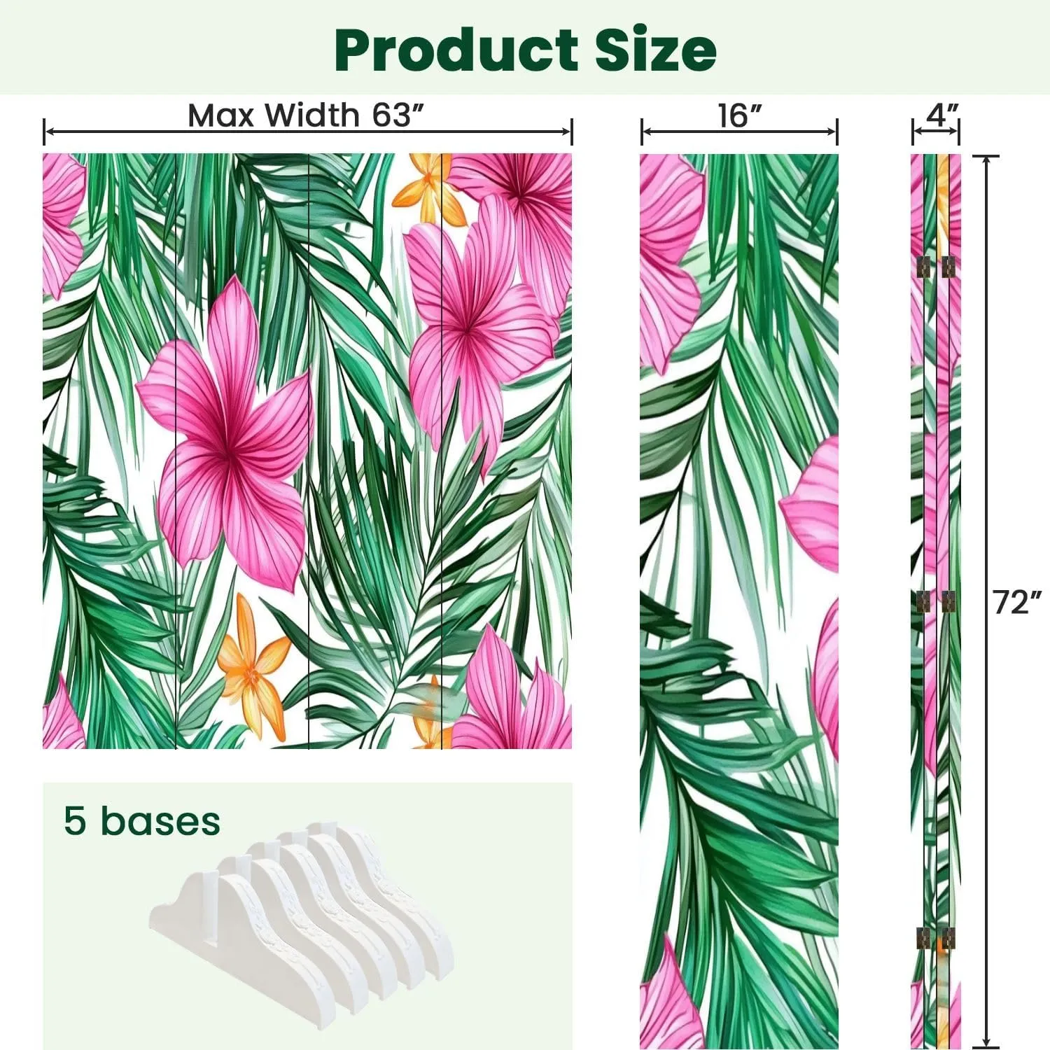 Room Divider Panel Folding Privacy Screen Tropical Leaves Flowers Seamless Pattern Hand Wood Partition Wall Panels Freestanding Screen Dividers for Room Separation