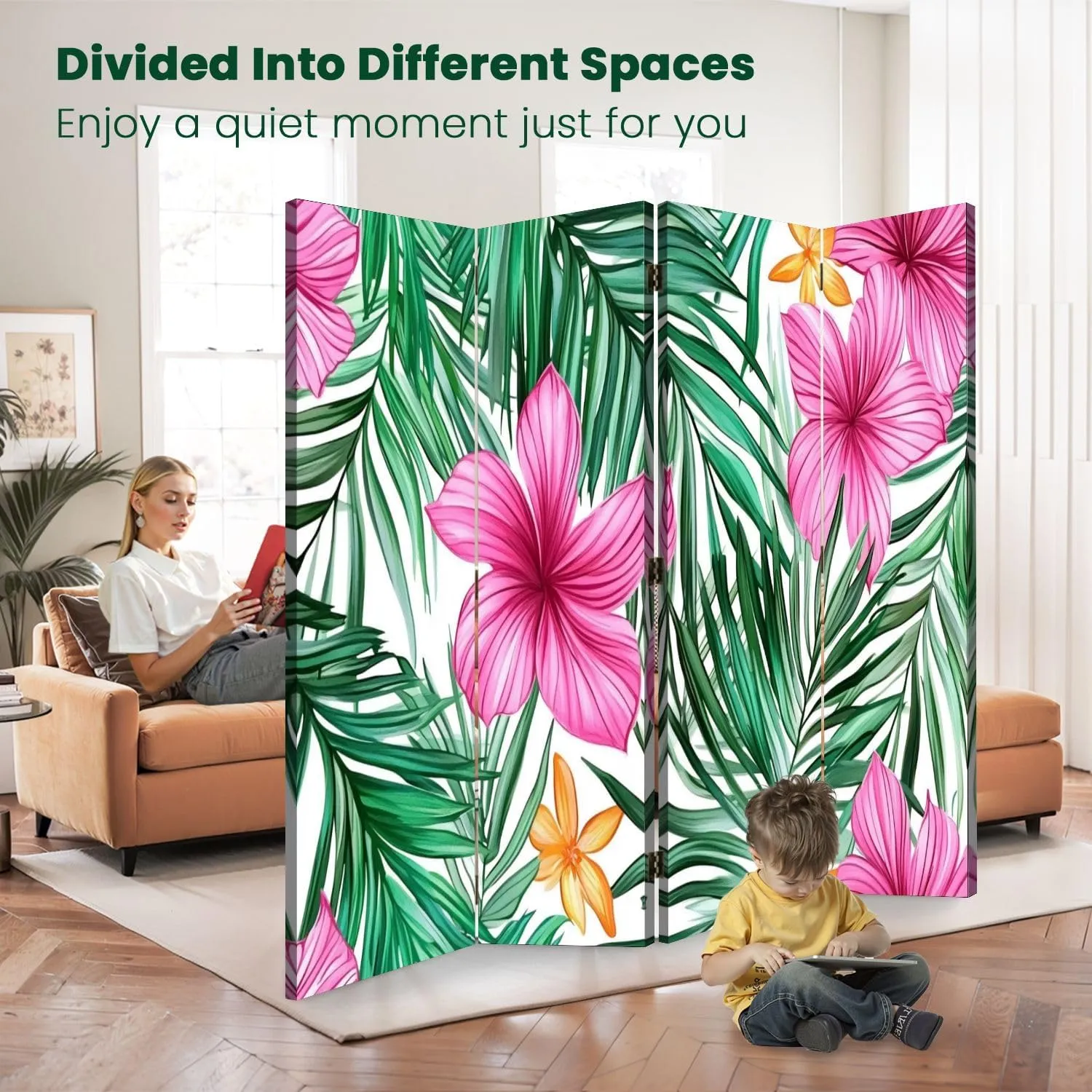 Room Divider Panel Folding Privacy Screen Tropical Leaves Flowers Seamless Pattern Hand Wood Partition Wall Panels Freestanding Screen Dividers for Room Separation