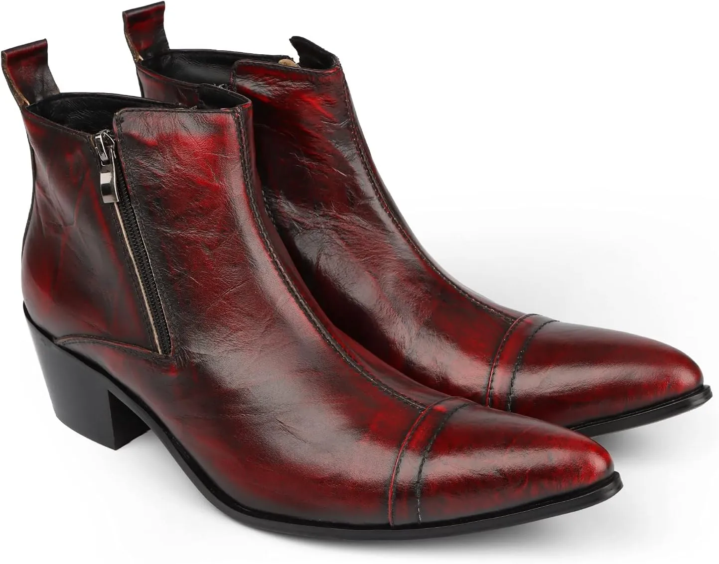 Rui Landed Ankle Boots Genuine Leather for Men High Top Heeled Shoes Slip On Dual Side Zipper Pointed Captoe Block Heel Stitching
