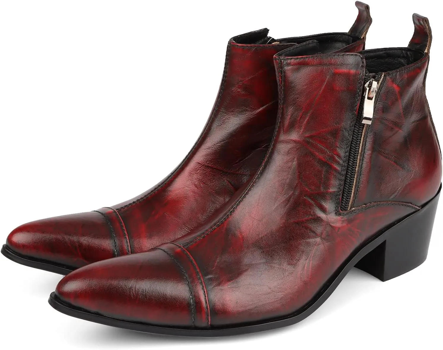 Rui Landed Ankle Boots Genuine Leather for Men High Top Heeled Shoes Slip On Dual Side Zipper Pointed Captoe Block Heel Stitching