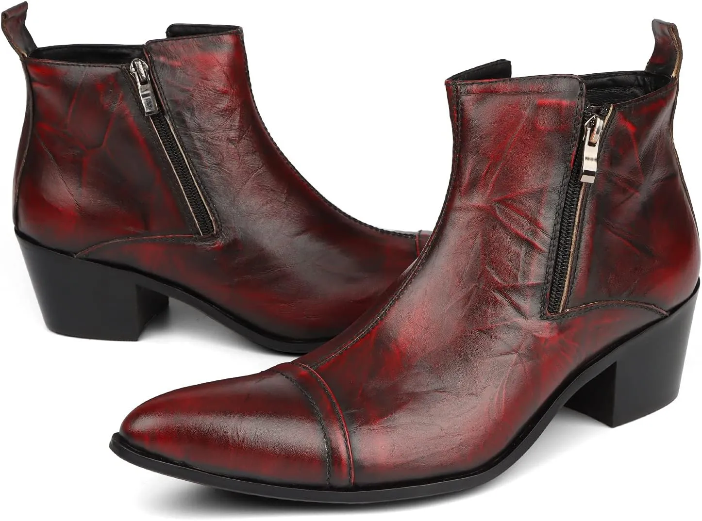 Rui Landed Ankle Boots Genuine Leather for Men High Top Heeled Shoes Slip On Dual Side Zipper Pointed Captoe Block Heel Stitching