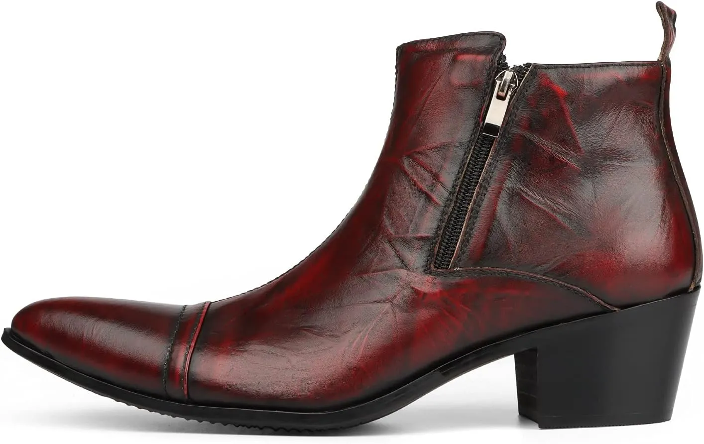 Rui Landed Ankle Boots Genuine Leather for Men High Top Heeled Shoes Slip On Dual Side Zipper Pointed Captoe Block Heel Stitching