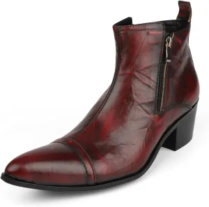 Rui Landed Ankle Boots Genuine Leather for Men High Top Heeled Shoes Slip On Dual Side Zipper Pointed Captoe Block Heel Stitching