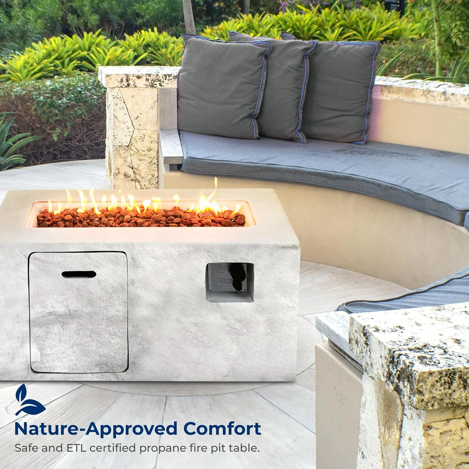 Serenelife Fire Pit Table - 50,000 BTU Propane Gas Fire Pit with Adjustable Flame & Stainless Steel Burner, Weather Resistant, Easy Propane Access, Perfect for Parties & BBQs with Elegant Lava Rock