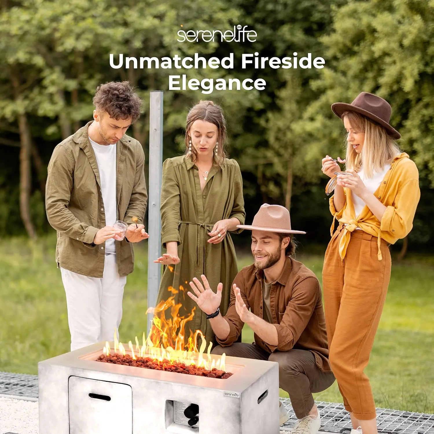 Serenelife Fire Pit Table - 50,000 BTU Propane Gas Fire Pit with Adjustable Flame & Stainless Steel Burner, Weather Resistant, Easy Propane Access, Perfect for Parties & BBQs with Elegant Lava Rock