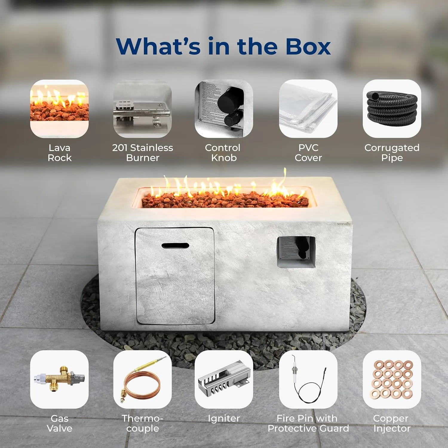 Serenelife Fire Pit Table - 50,000 BTU Propane Gas Fire Pit with Adjustable Flame & Stainless Steel Burner, Weather Resistant, Easy Propane Access, Perfect for Parties & BBQs with Elegant Lava Rock