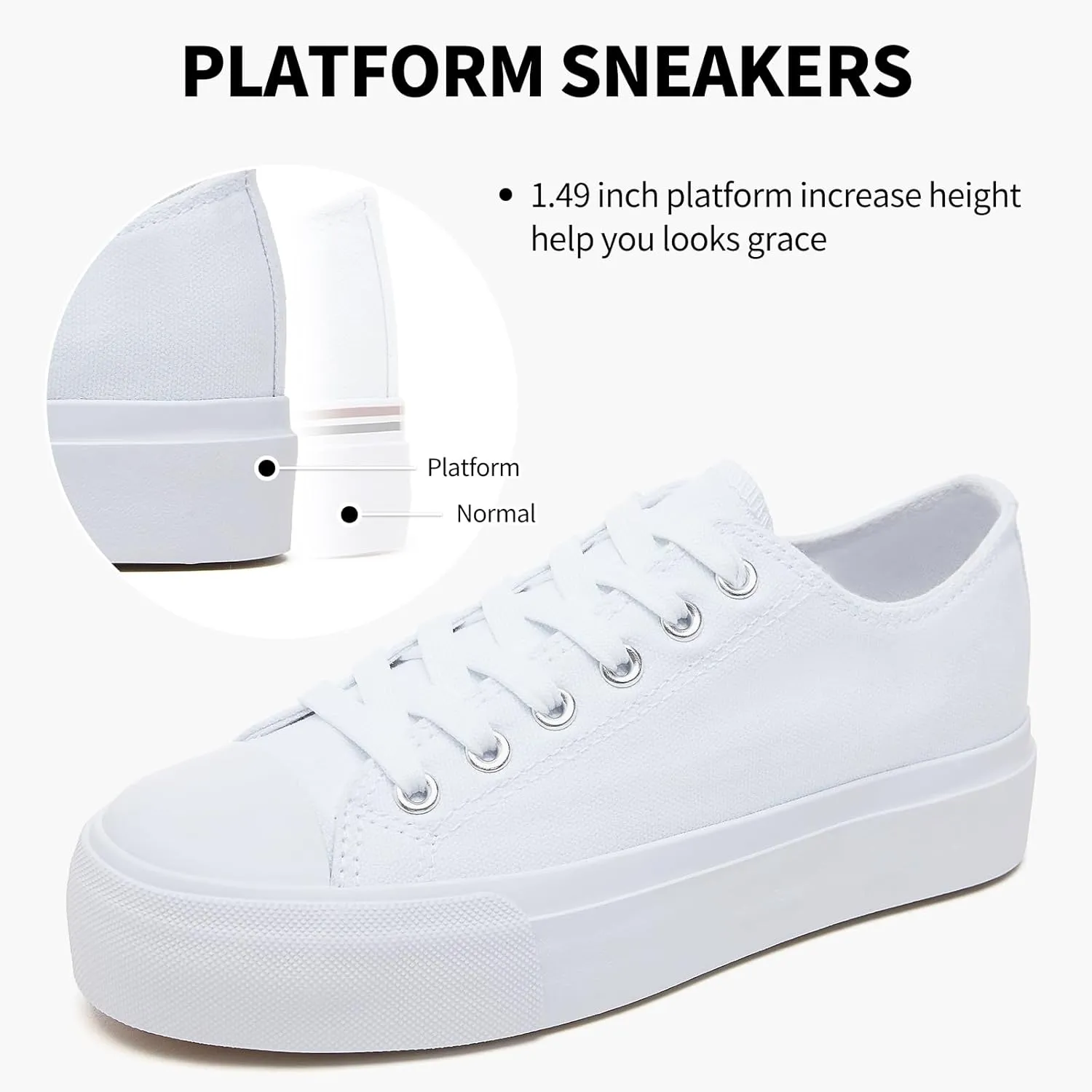 SERNIAL Womens White Platform Sneakers Low Top Platform Shoes Black Canvas Shoes for Women