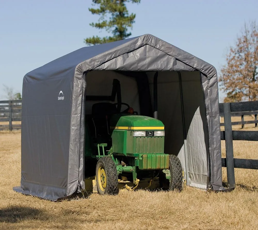 ShelterLogic 10' x 10' Shed-in-a-Box All Season Steel Metal Peak Roof Outdoor Storage Shed with Waterproof Cover and Heavy Duty Reusable Auger Anchors, grey