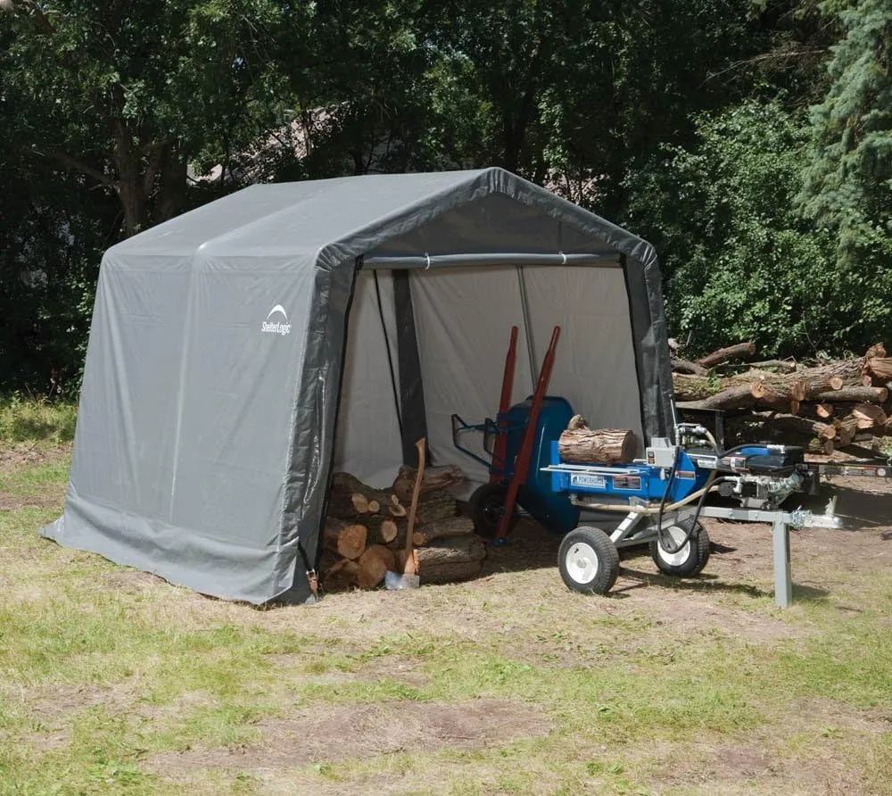 ShelterLogic 10' x 10' Shed-in-a-Box All Season Steel Metal Peak Roof Outdoor Storage Shed with Waterproof Cover and Heavy Duty Reusable Auger Anchors, grey