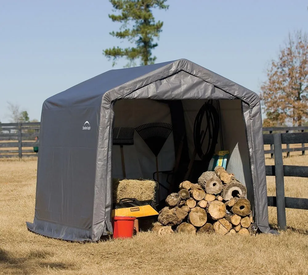 ShelterLogic 10' x 10' Shed-in-a-Box All Season Steel Metal Peak Roof Outdoor Storage Shed with Waterproof Cover and Heavy Duty Reusable Auger Anchors, grey