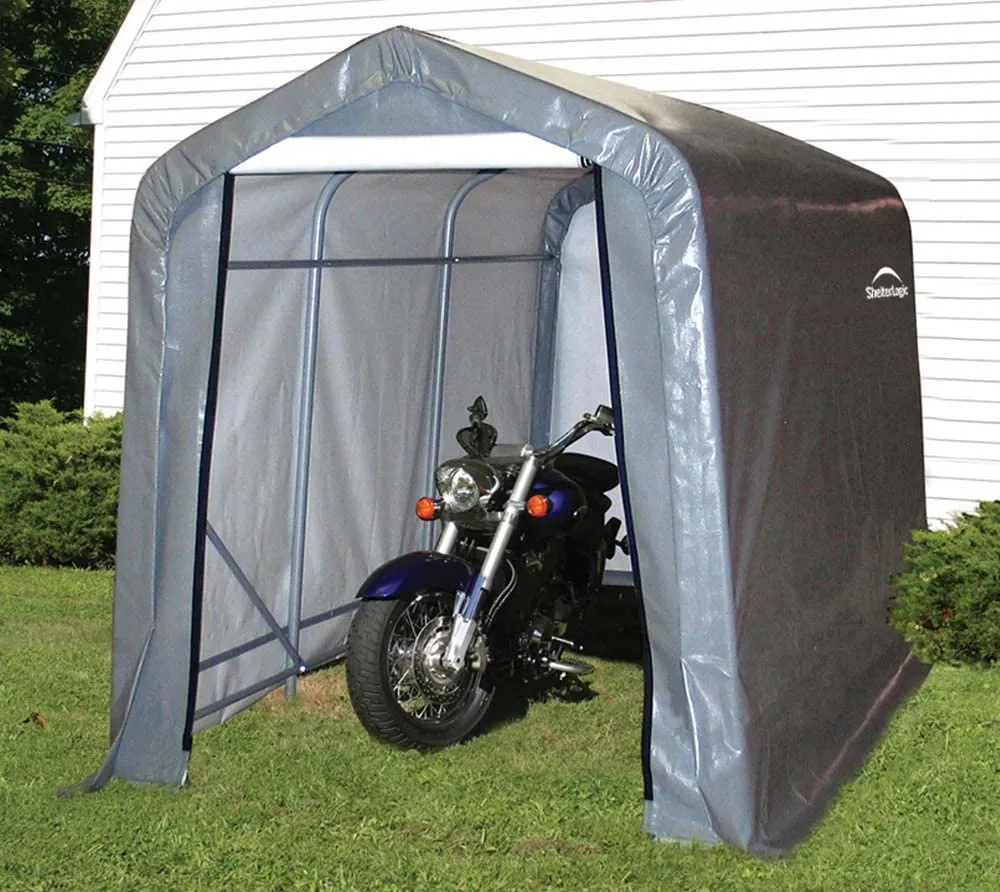 ShelterLogic 6' x 10' x 6' Shed-in-a-Box All Season Steel Metal Peak Roof Outdoor Storage Shed with Waterproof Cover and Heavy Duty Reusable Auger Anchors