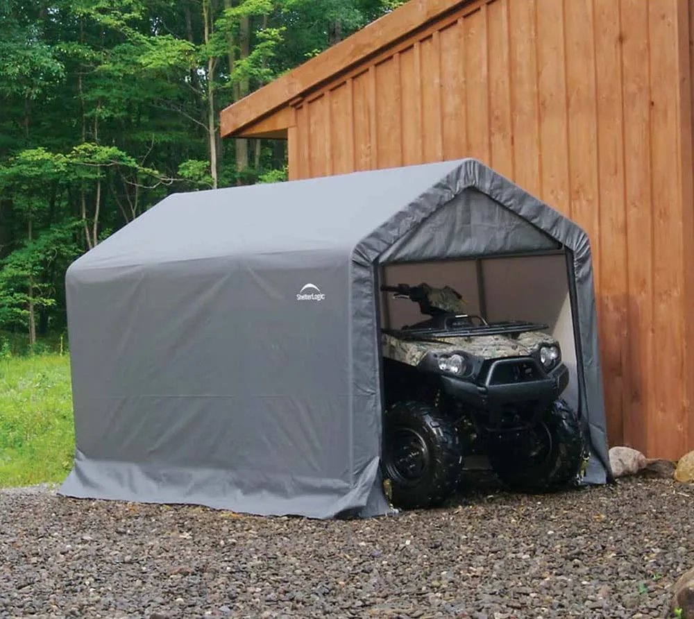 ShelterLogic 6' x 10' x 6' Shed-in-a-Box All Season Steel Metal Peak Roof Outdoor Storage Shed with Waterproof Cover and Heavy Duty Reusable Auger Anchors