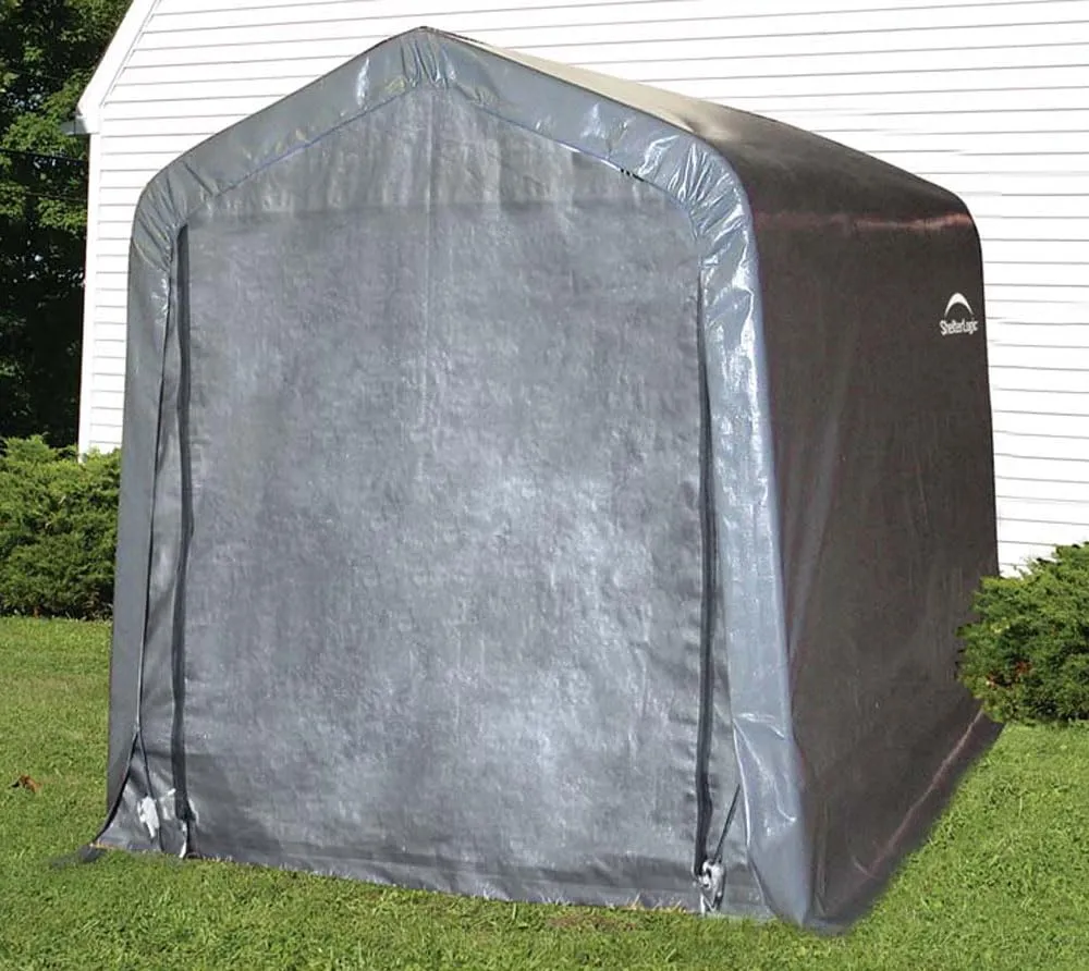 ShelterLogic 6' x 10' x 6' Shed-in-a-Box All Season Steel Metal Peak Roof Outdoor Storage Shed with Waterproof Cover and Heavy Duty Reusable Auger Anchors