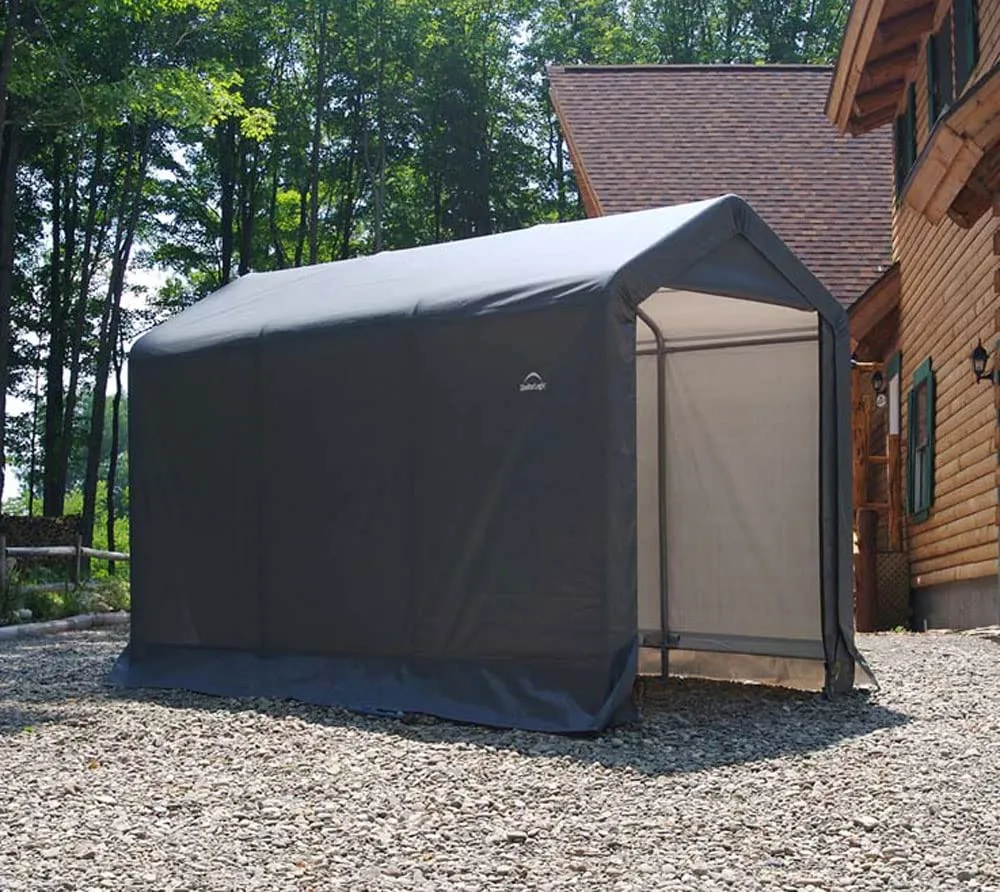 ShelterLogic 6' x 10' x 6' Shed-in-a-Box All Season Steel Metal Peak Roof Outdoor Storage Shed with Waterproof Cover and Heavy Duty Reusable Auger Anchors