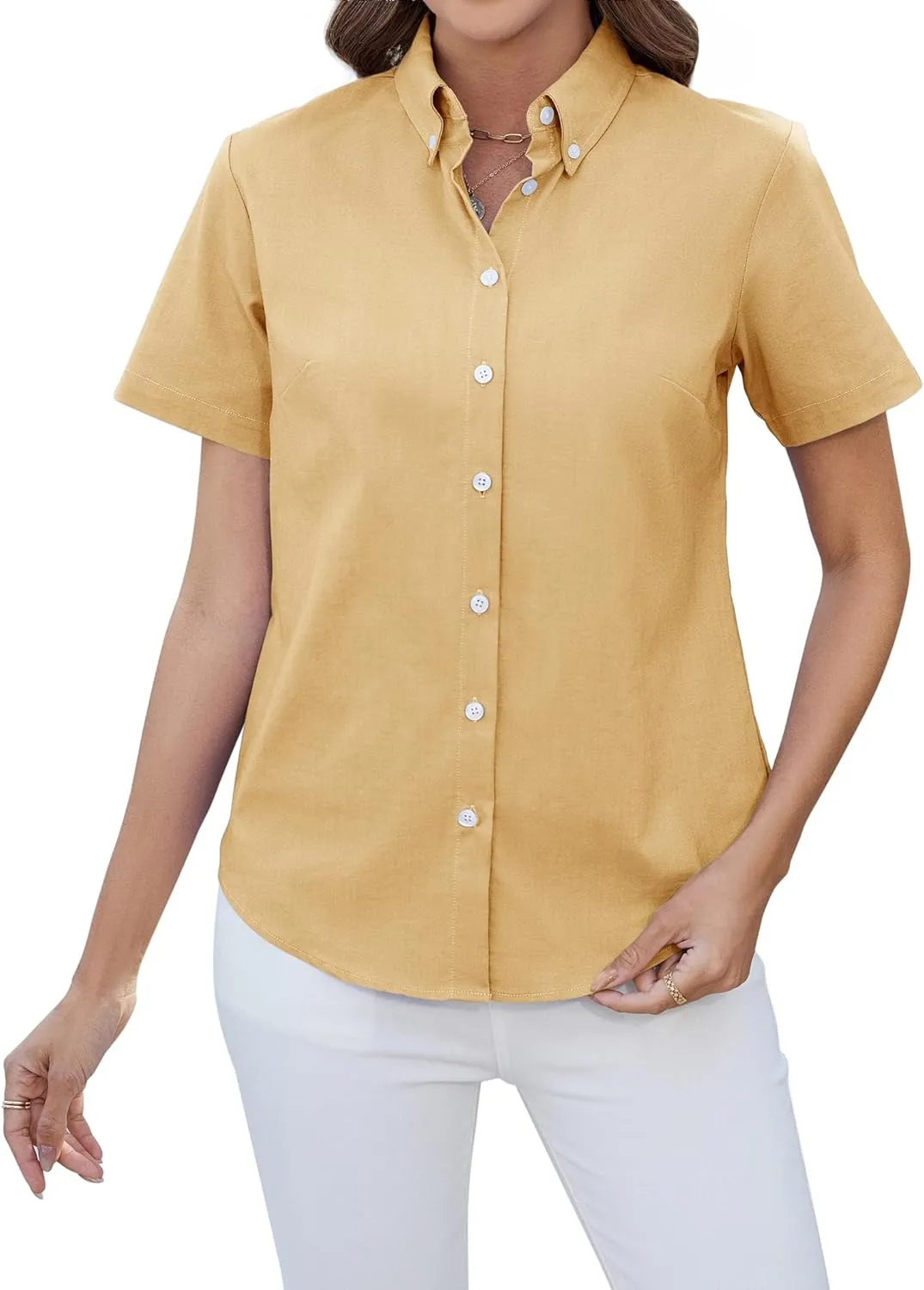 siliteelon Button Down Shirts Women Oxford Shirts Short Sleeve Cotton Wrinkle Free Dress Shirts Work Office Blouse