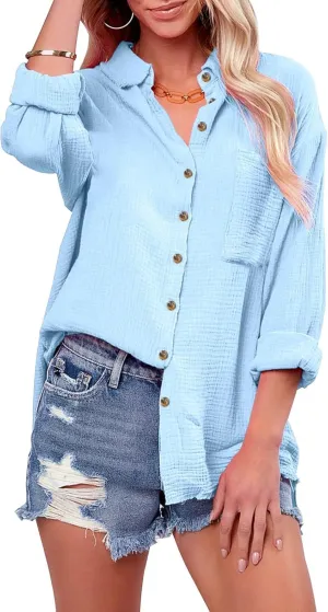 siliteelon Womens Button Down Shirts Cotton Gauze Long Sleeve Oversized Boyfriend Blouses Collared Dress Tops with Pockets