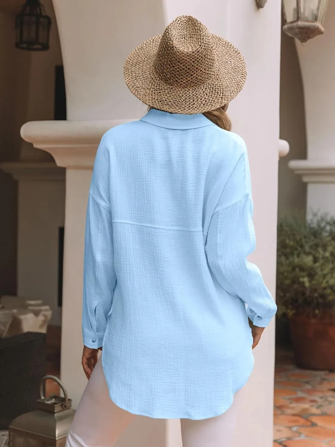 siliteelon Womens Button Down Shirts Cotton Gauze Long Sleeve Oversized Boyfriend Blouses Collared Dress Tops with Pockets