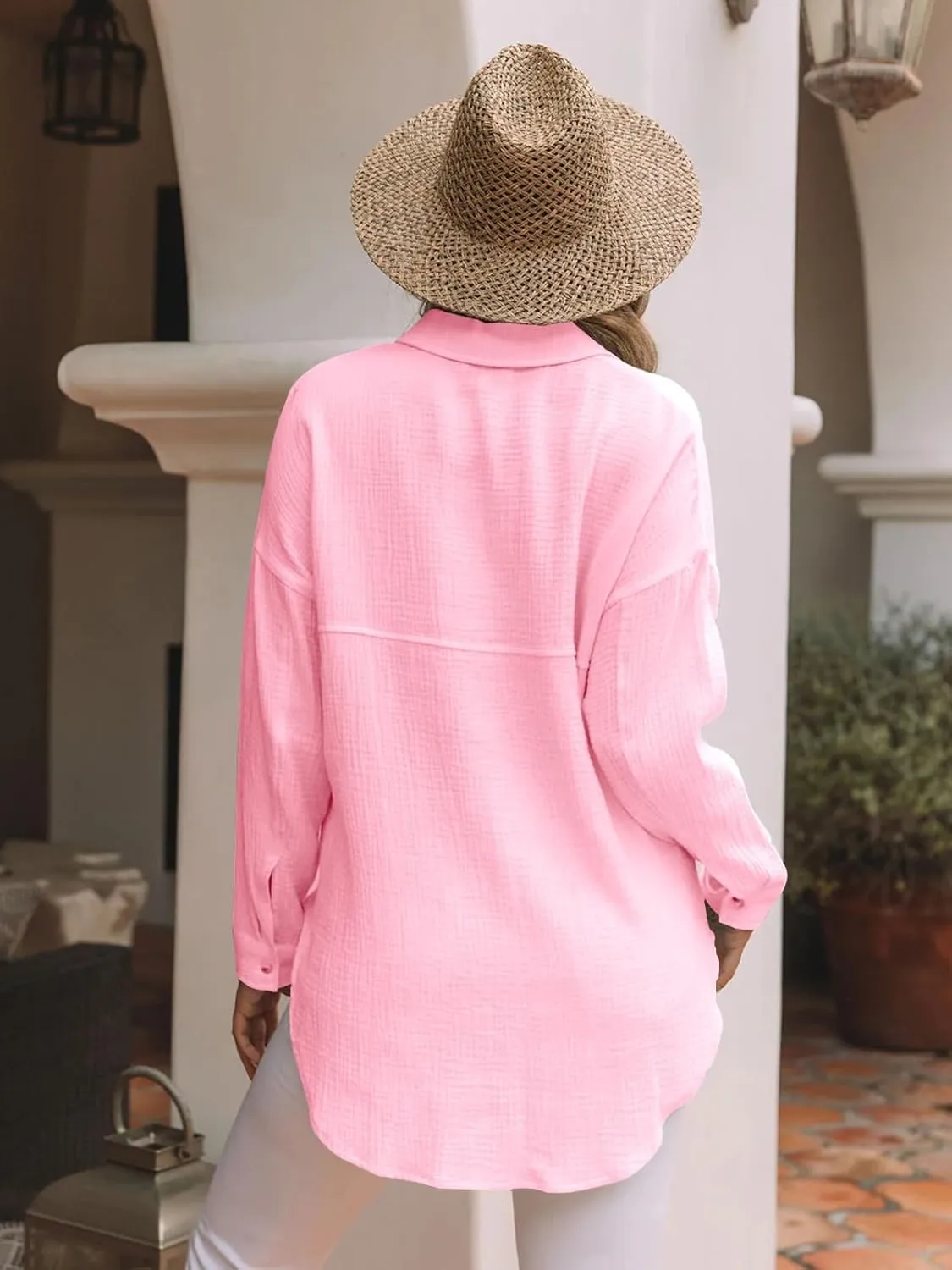 siliteelon Womens Button Down Shirts Cotton Gauze Long Sleeve Oversized Boyfriend Blouses Collared Dress Tops with Pockets