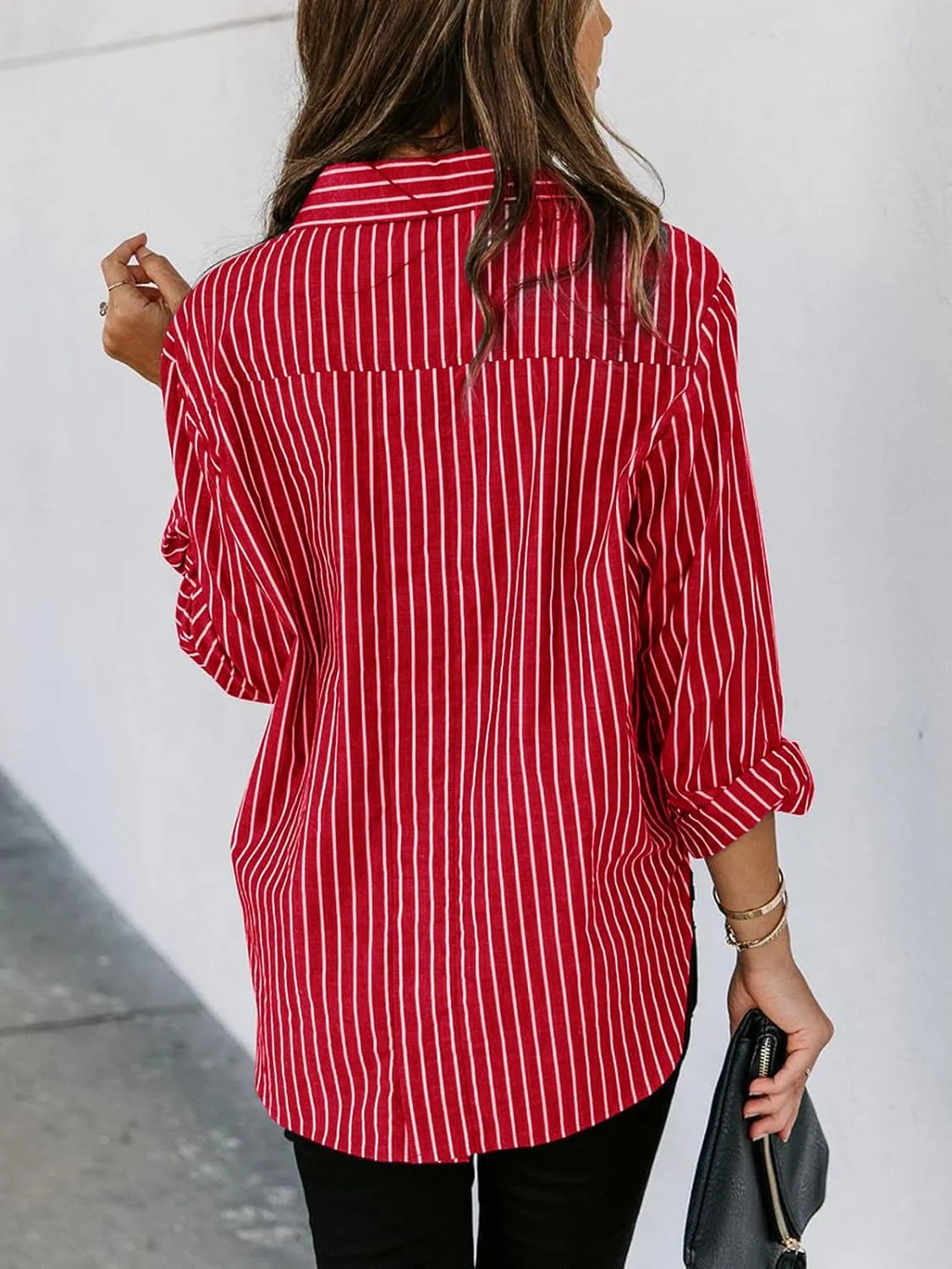 siliteelon Womens Button Down Shirts Cotton Striped Dress Shirt Long Sleeve Collared Office Work Blouses Tops