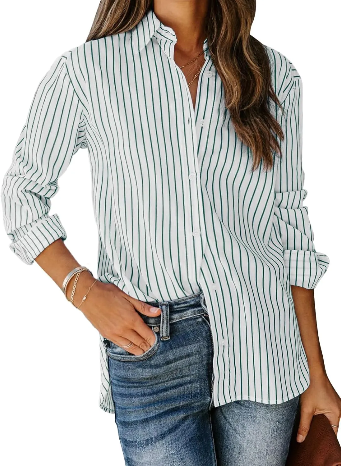 siliteelon Womens Button Down Shirts Cotton Striped Dress Shirt Long Sleeve Collared Office Work Blouses Tops