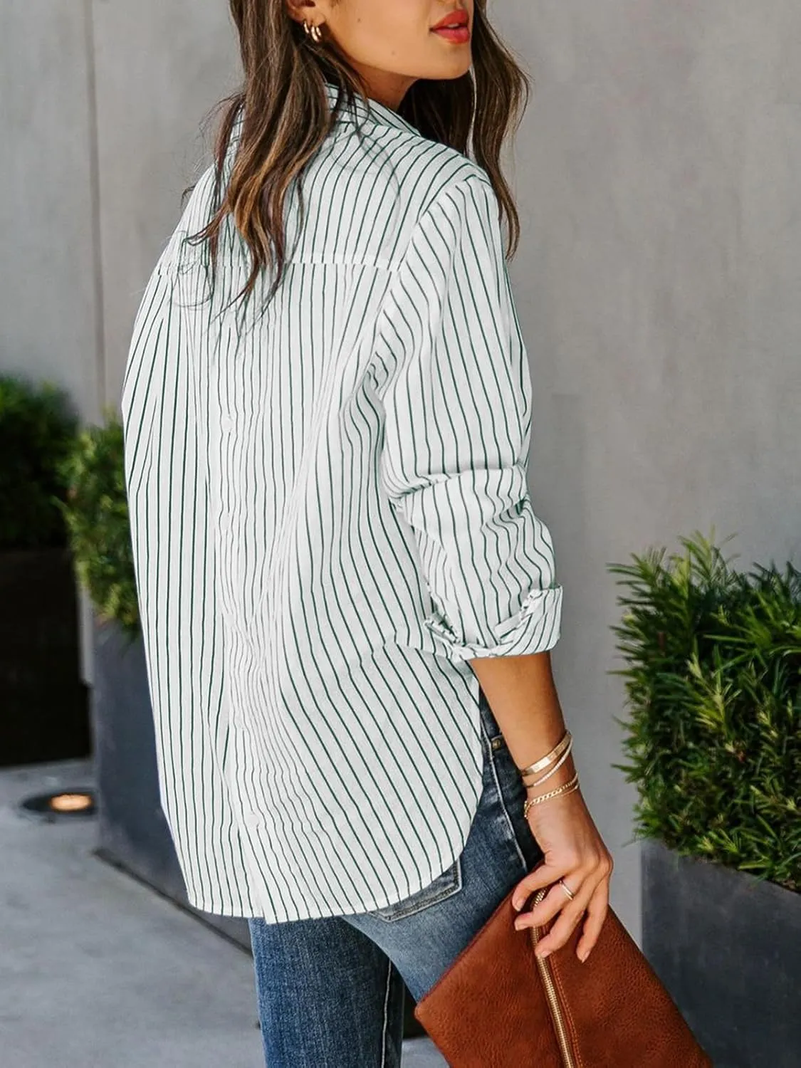 siliteelon Womens Button Down Shirts Cotton Striped Dress Shirt Long Sleeve Collared Office Work Blouses Tops