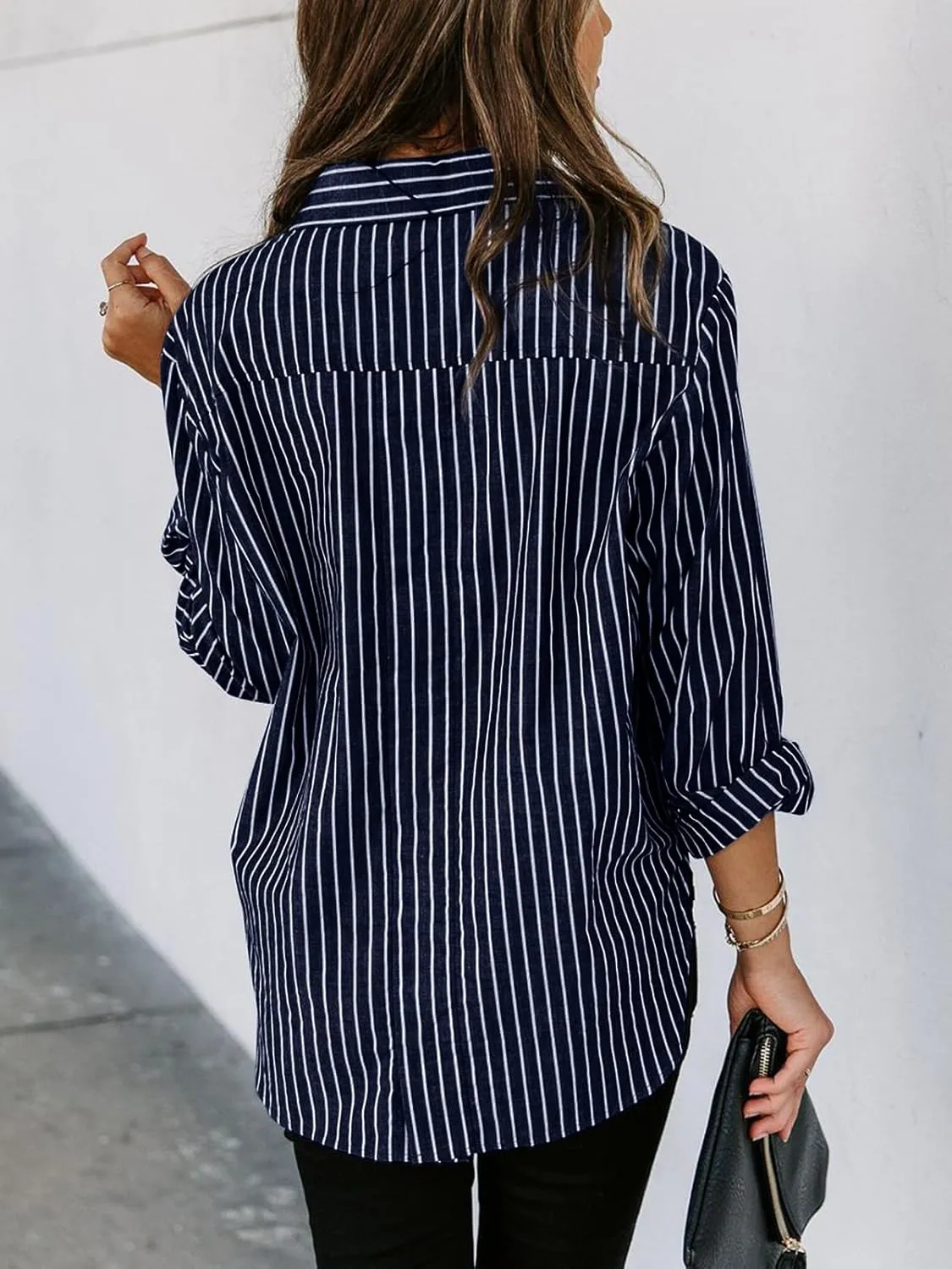 siliteelon Womens Button Down Shirts Cotton Striped Dress Shirt Long Sleeve Collared Office Work Blouses Tops