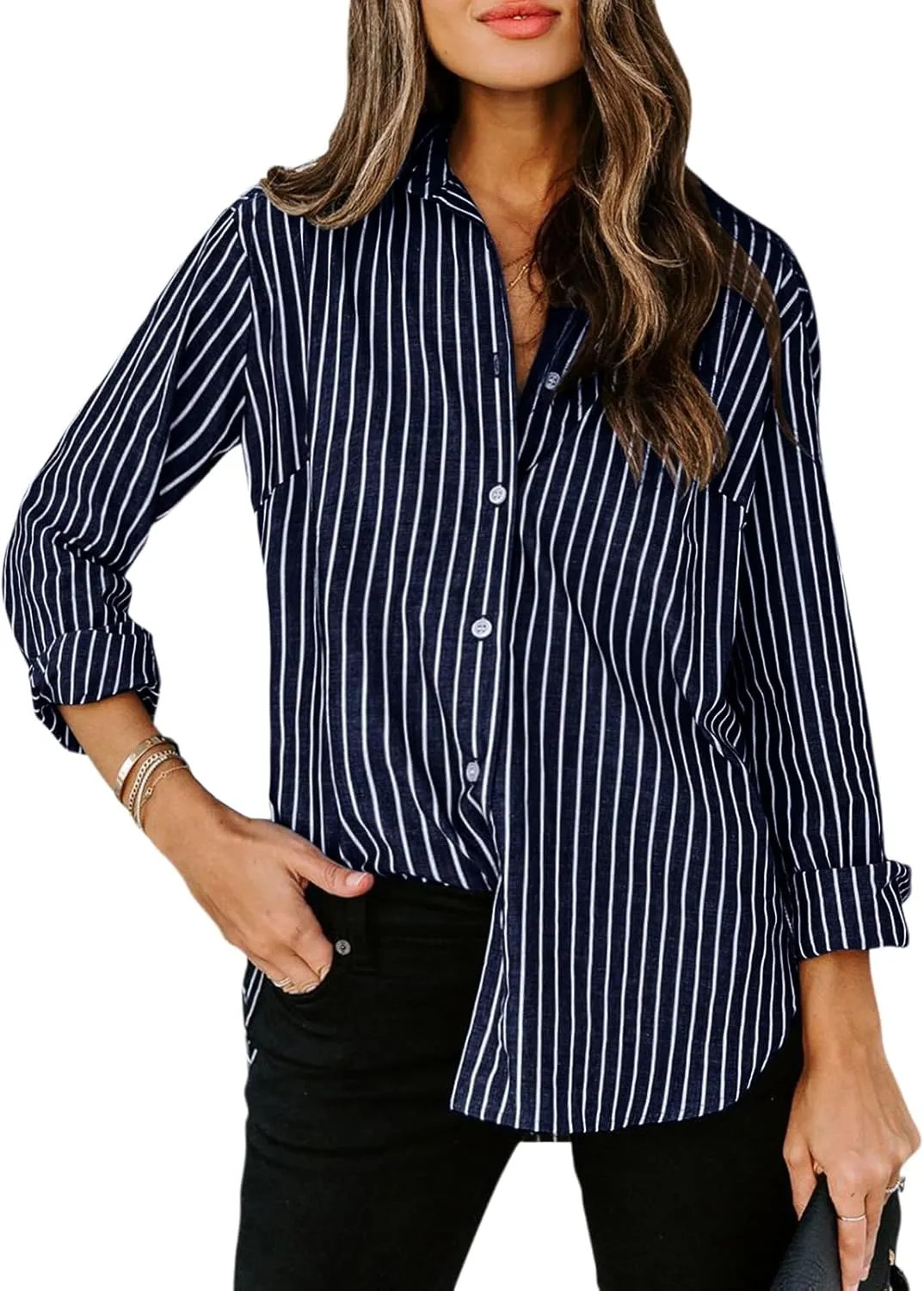 siliteelon Womens Button Down Shirts Cotton Striped Dress Shirt Long Sleeve Collared Office Work Blouses Tops