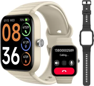 SKG Smart Watch for Women Men (Answer/Make Call), Alexa Built-in, Extra Black Band, IP68 Smartwatch for Android iPhone, 100  Sport 1.8" Fitness Tracker with Heart Rate SpO2 Monitor, V7 Cyber Beige