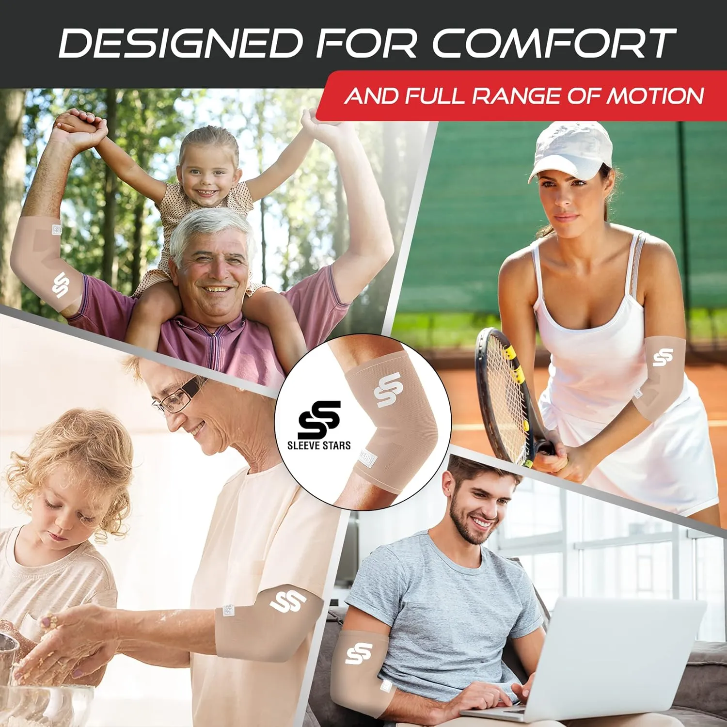 Sleeve Stars Elbow Sleeve for Pain Relief & Protection - Elbow Compression Sleeve for Women & Men - Supportive Elbow Brace for Tendonitis, Recovery & Ideal for Sports, Work