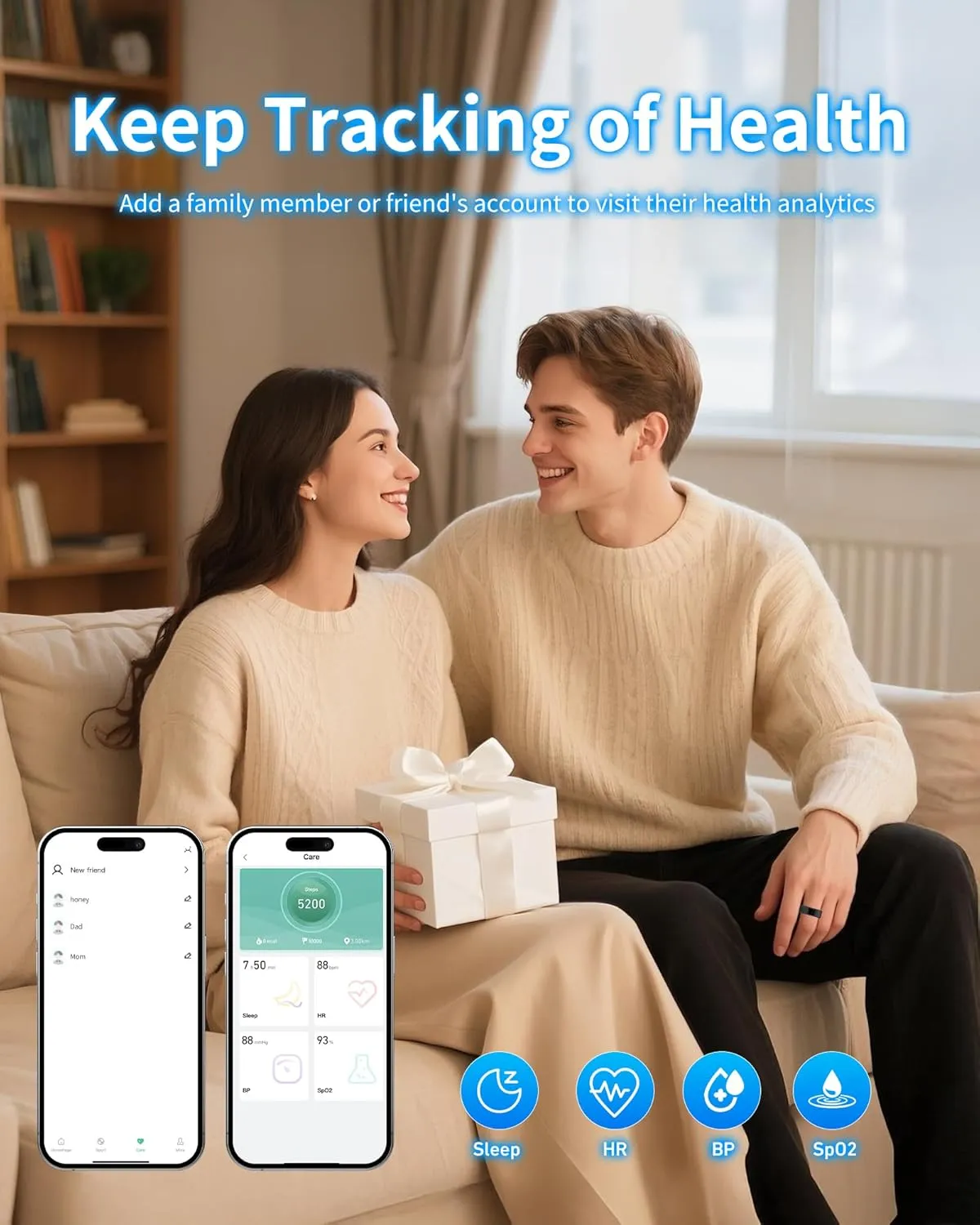 Smart Rings for Women Men, Smart Ring Tracker with Blood Oxygen/Blood Pressure/Heart Rate/Sleep Monitor/Step Counter/Gesture Control/IP68 Waterproof Fitness Tracker, Stainless Steel