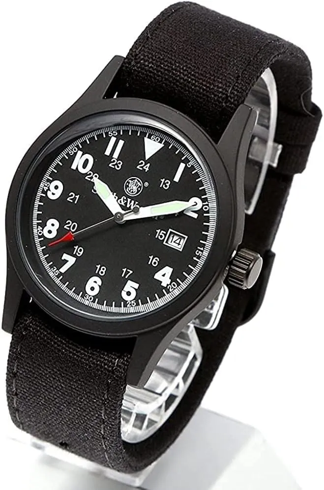 Smith & Wesson Men's Military Watch, 3 Interchangeable Canvas Straps, 3 ATM Water Resistant, Date Display, Scratch Resistant Glass, Suitable for Outdoor Activities, 40 mm Swimming Watch, Black