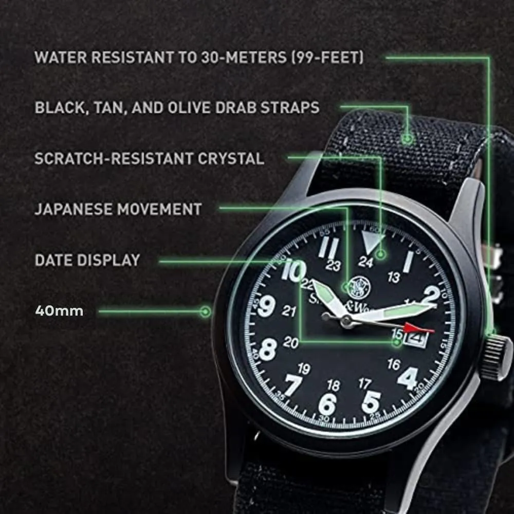 Smith & Wesson Men's Military Watch, 3 Interchangeable Canvas Straps, 3 ATM Water Resistant, Date Display, Scratch Resistant Glass, Suitable for Outdoor Activities, 40 mm Swimming Watch, Black