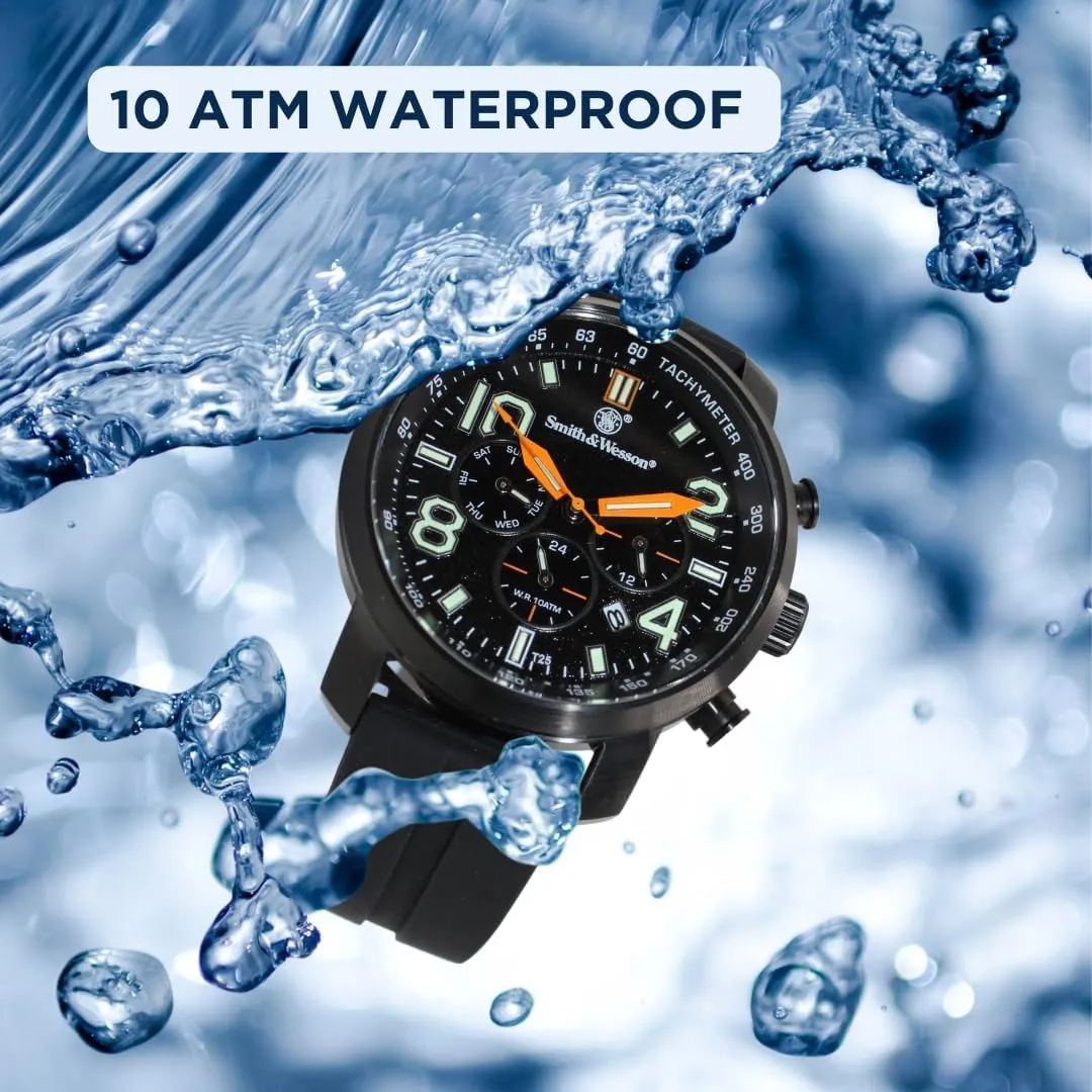 Smith & Wesson Men's Watch, Tough Military Watch, Swiss Tritium H3 Chronograph Gold w/Silicone Strap, 10ATM Black Dial, Stainless Steel Caseback, Diver Watch, Metal and Leather Straps, 45mm