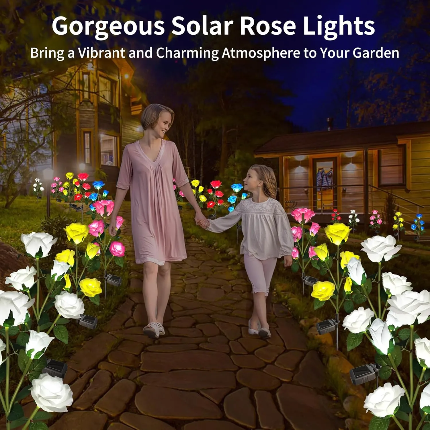 Solar Garden Lights, Solar Outdoor Lights with More Realistic 10 Rose Waterproof Solar Powered Flowers Lights for Outside Patio Yard Pathway Decorations, 2 Pack White