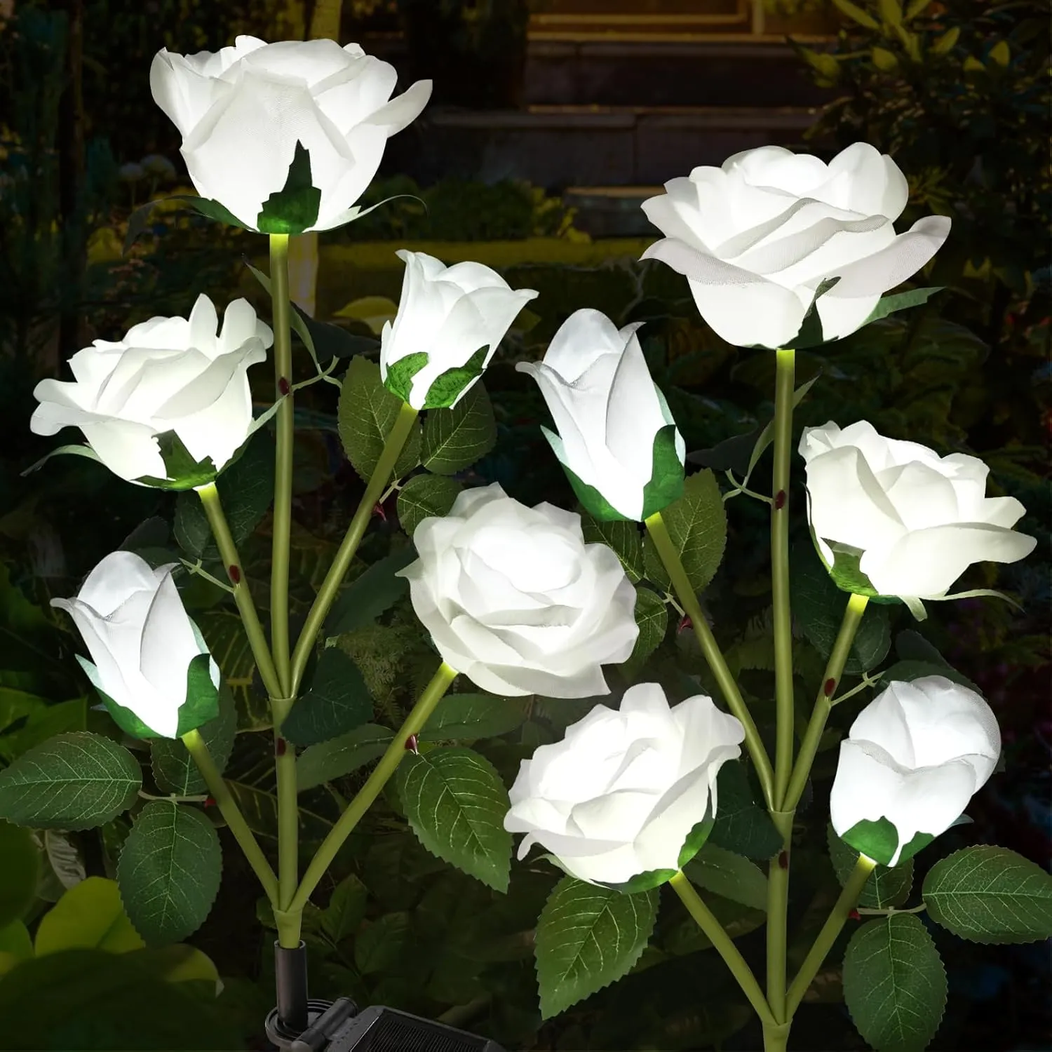 Solar Garden Lights, Solar Outdoor Lights with More Realistic 10 Rose Waterproof Solar Powered Flowers Lights for Outside Patio Yard Pathway Decorations, 2 Pack White