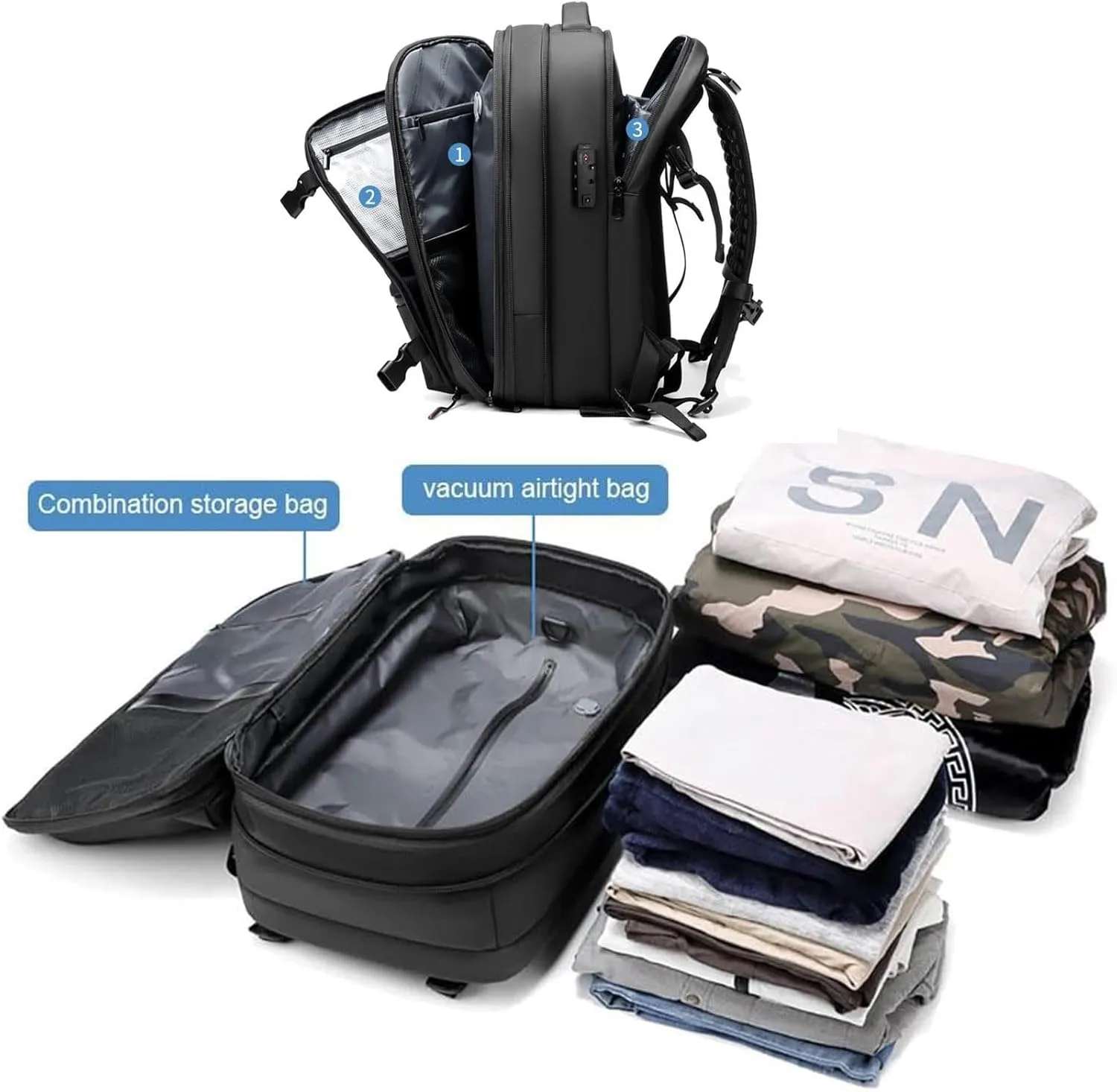 Spacevac Backpack, Vacpack Backpack with Vacuum, 60L Expandable Easy Vac Travel Bag with Pump, Waterproof & Anti-Theft (Gray, With vacuum pump)