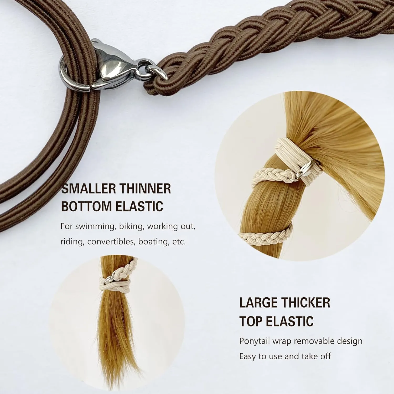 Spiral Hair Tie Sprots Ponytail Holders, 3 Packs 16" Elastic Braided Hair Ties No Damage, Pony Tail Wrap for Long Hair for Gym, Swimming, Diving Black Blonde Brown