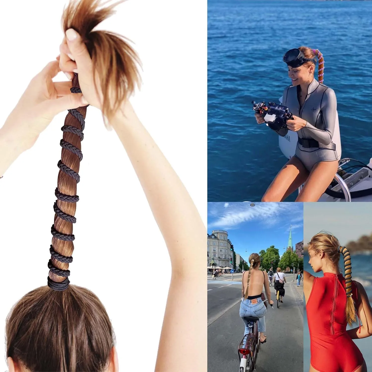 Spiral Hair Tie Sprots Ponytail Holders, 3 Packs 16" Elastic Braided Hair Ties No Damage, Pony Tail Wrap for Long Hair for Gym, Swimming, Diving Black Blonde Brown