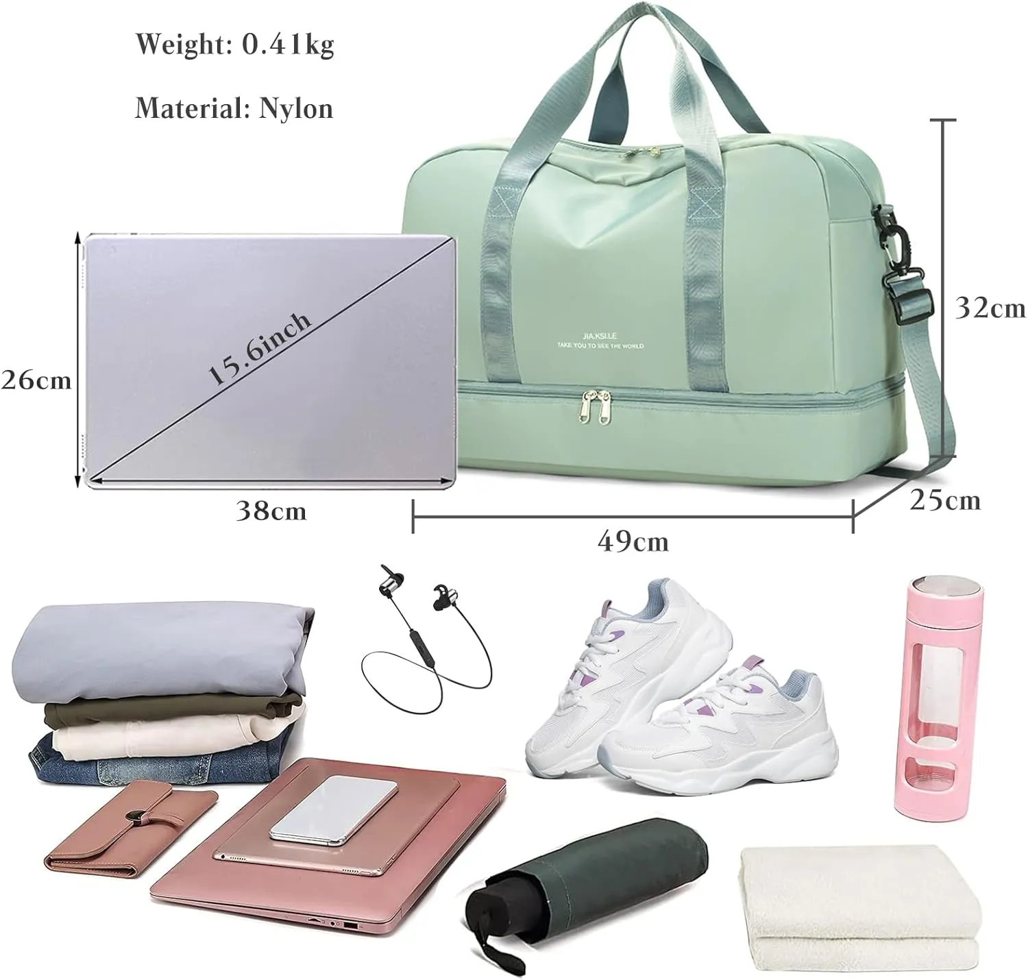 Sports Gym Bag for Women/Men Large Capacity Travel Duffel Bag Waterproof Nylon Weekender Overnight Bag Lightweight Hospital Bag Carry on Luggage with Shoes Compartment and Wet Pocket Green