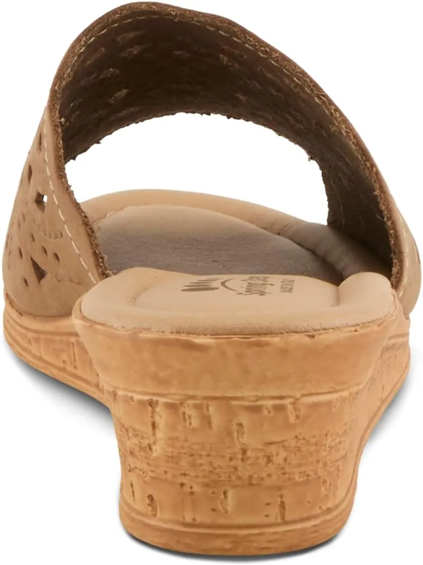 Spring Step Estella Women's Fashion Wedge Slide Sandals – Casual Leather Heel with Geometric Laser-Cut Detailing