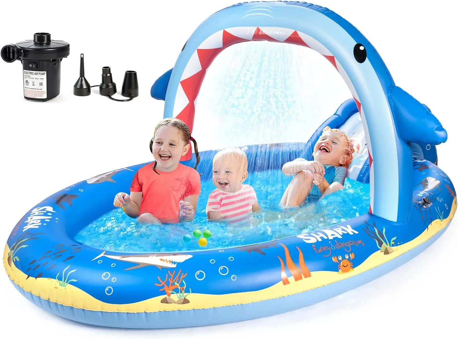 SULIFEEL Shark Inflatable Play Center Kiddie Pool with Slide and Sprinkler for Children, 8ft x 5ft x 9.5in Baby Pool for Backyard and Garden, Free Inflatable Pump