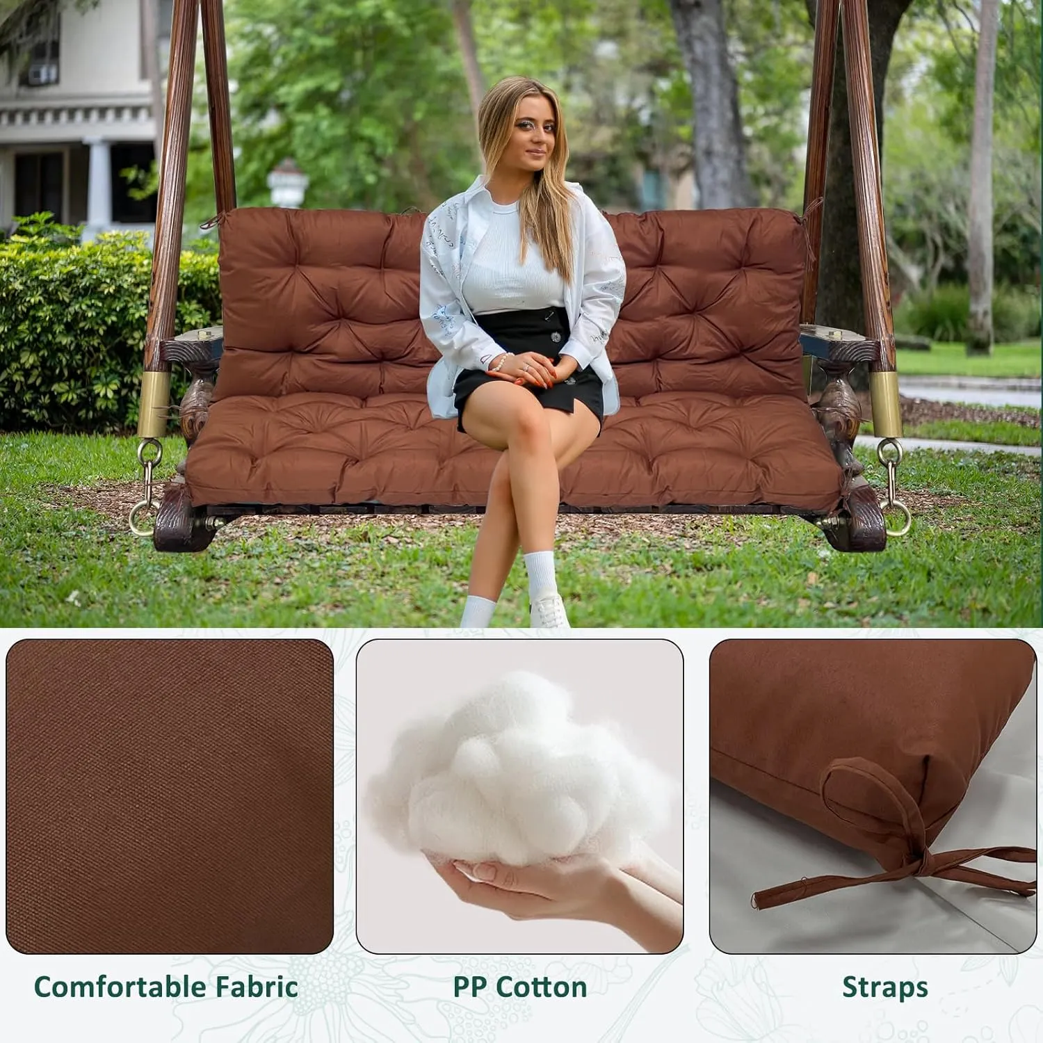 Swing Replacement Cushions for Outdoor: 2-3 Seater Waterproof Porch Bench Cushion with Ties - Thick Patio Swing Cushion with Backrest for Garden Backyard Furniture