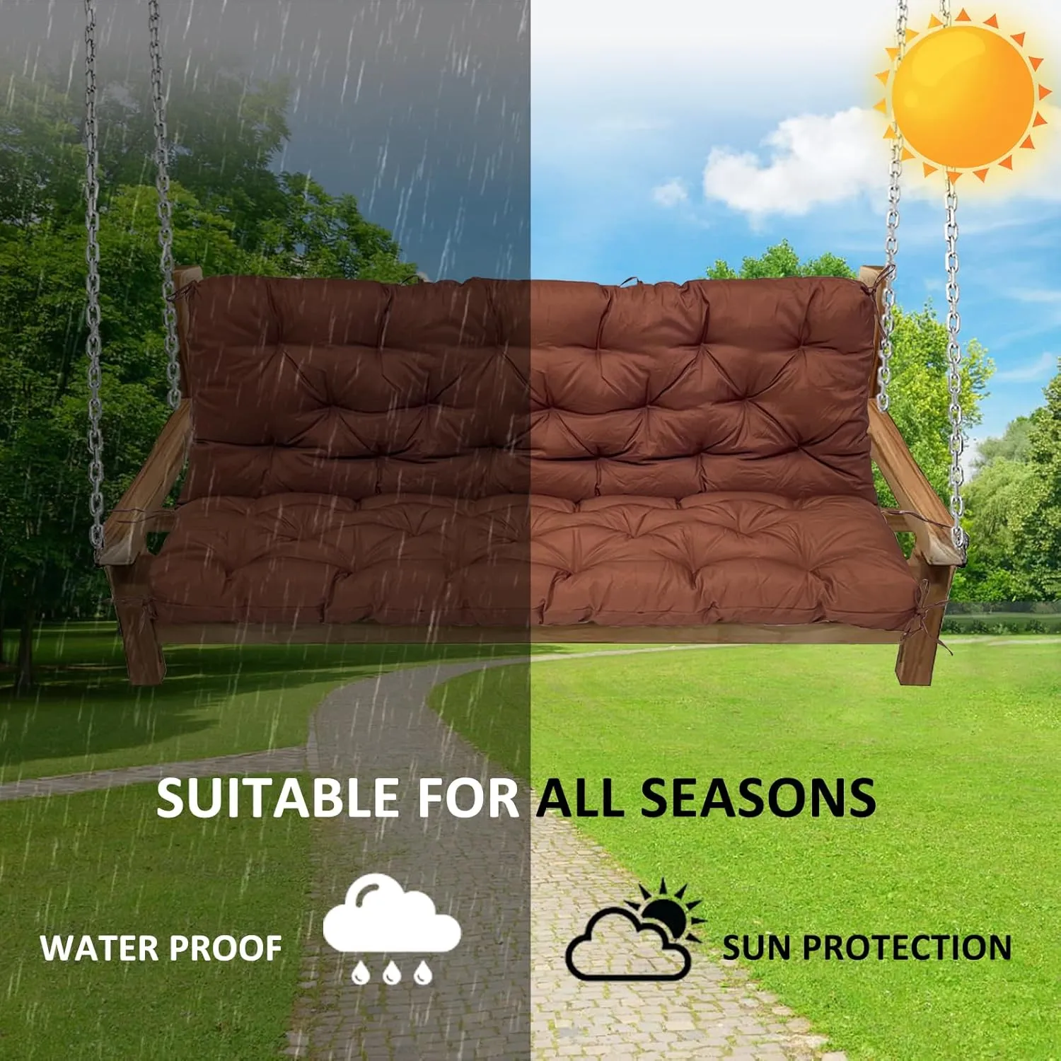 Swing Replacement Cushions for Outdoor: 2-3 Seater Waterproof Porch Bench Cushion with Ties - Thick Patio Swing Cushion with Backrest for Garden Backyard Furniture