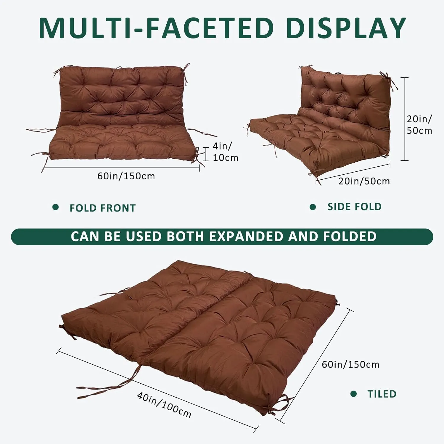 Swing Replacement Cushions for Outdoor: 2-3 Seater Waterproof Porch Bench Cushion with Ties - Thick Patio Swing Cushion with Backrest for Garden Backyard Furniture